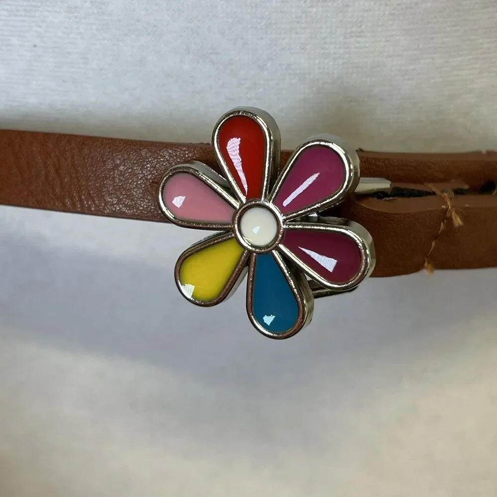 BOHO‎ FAUX LEATHER SKINNY BELT COLORFUL ENAMEL FLOWER BUCKLE. 60's Hippie Vibe